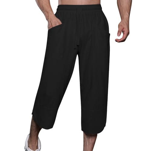 Voylansi Pantalones cortos de lino de 3/4 de longitud para hombre, pantalones holgados de lino, cómodos, ligeros, de tela, con cordón ajustable, cintura elástica, transpirables, ropa de verano, Negro