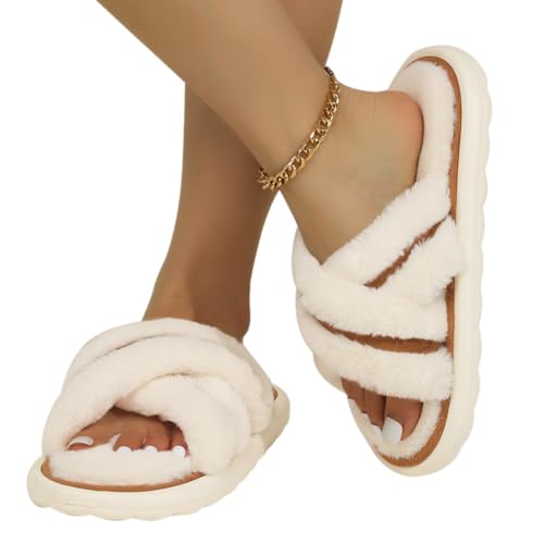 Harssidanzar Womens Fuzzy Cross Band Slippers Memory Foam House Slippers Open Toe HL207US3