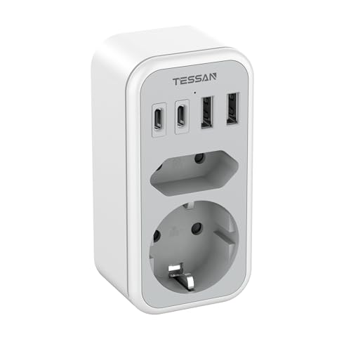 TESSAN Doppelstecker für Steckdose, Steckdosenadapter mit USB C, Mehrfachstecker für Steckdose 3600W, Doppelsteckdose für Phone und Haushaltsgeräte, Mehrfachsteckdose mit 4 USB, Grau 2 Fach