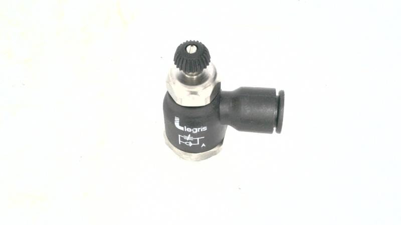 Legris 7060 10 17 Nylon Air Flow Control Valve, 90 Degree Elbow, Meter-Out, Knob, 10 mm Tube OD x 3/8 BSPP Male