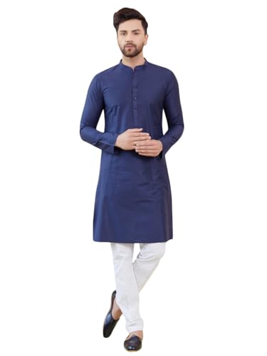 Image of See Designs Men Full Sleeve Sleeve Side Slit Mandarin Collar Cotton Solid Straight Kurta with Pyjama