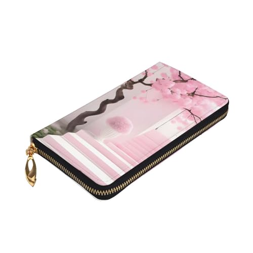 Pink Cherry Blossom Staircase Prints Leather Long Clutch Wallet for Fashionable Girls and Women - Durable, Stylish, and Functional, Black, One Size3