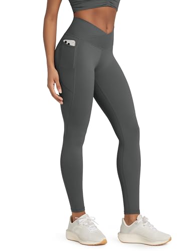 ODODOS Buttery Soft Cross Waist Leggings with Pockets for Women, ODCLOUD 28" Crossover Lounge Yoga Pants, Charcoal, X-Small
