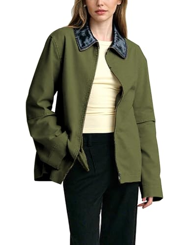 Casual Long Sleeve Zip Up Jacket Coat PU Collar Contrast Outwear Lapel Pockets Loose Coats Shacket