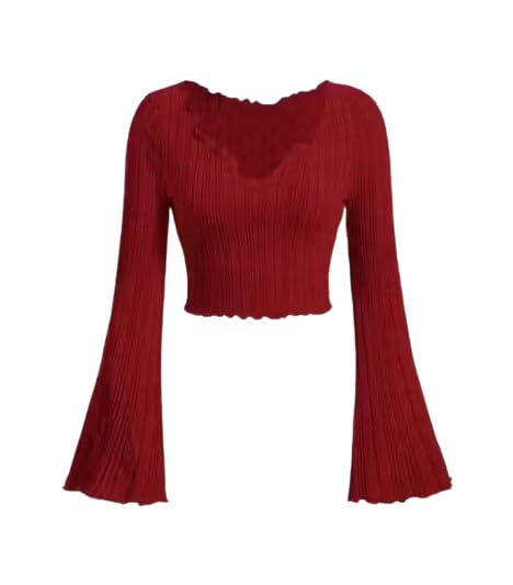 Image of V-Neck Notched Flared Sleeve Top for Women | Stylish Polyester Long Sleeve Blouse for Casual Wear 450