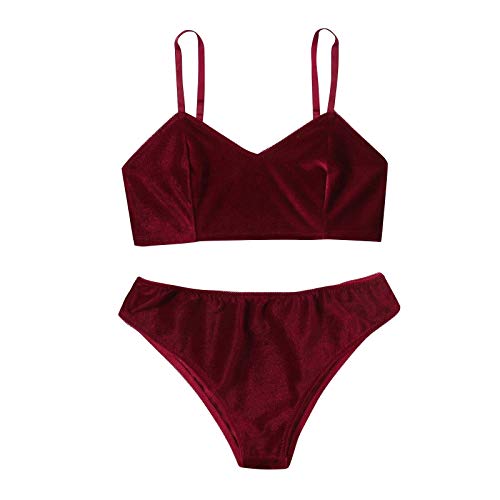Womens Sexy Lace Lingerie 2 Piece Strap Cami Top Bra And Shorts Nightwear Babydoll Sleepwear Set (Wine, L)