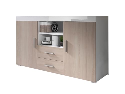 MB Muebles Bonitos, Aparador Roque para Salón Comedor Moderno, Mueble TV de Melamina, Blanco Brillo y Sonoma Mate, 140x80x40 cm