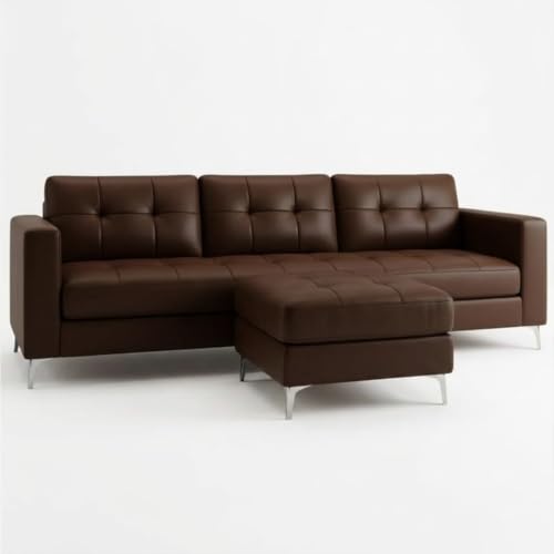 Image of CASASTYLE Creamoy 4 Seater L Shape Sofa Set with Movable Ottoman | Flexible Left or Right Layout | Premium Leatherette | Soft Touch Seating | Ideal Sofa for Living Room (Dark Brown Color)