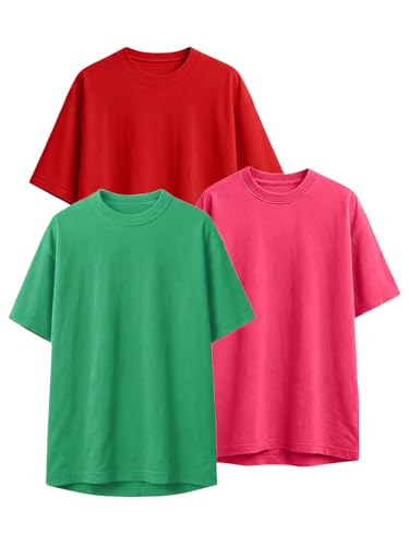 Image of LEOTUDE Women's Drop Shoulder Oversized Baggy Fit Half Sleeve Plain Solid Round Neck Multicolor T-Shirt Combo for Women's (Pack of 3)