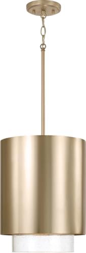 Capital Lighting 353011MA Weller Modern Clear Seeded Glass Metal Shade Cylindrical Pendant, 1-Light 100 Watt, 20" H x 12" W, Matte Brass
