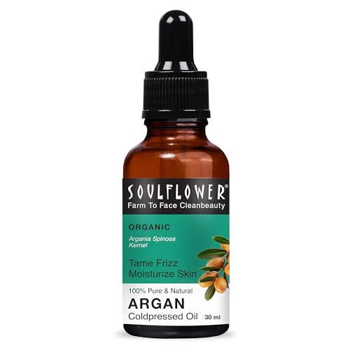 Image of Soulflower Moroccan Argan Oil for Light Oil for styling for Frizzy, Dry & thin hair, Hair Growth, Hair Fall Control for Men & Women |100% Pure, Organic & Natural, Rich in Omega 3, Vitamin E | 30ml