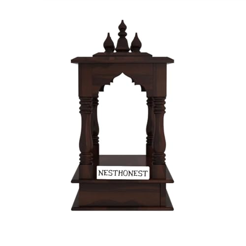 Image of Wall Mounted Solid Sheesham Wood Puja Mandir for Home Solid Wooden Temple for Puja Room with 1 Drawer Storage Pooja Ghar Wooden Furniture for Pooja Room Sheesham Wood, Walnut Finish (Walnut, 1 Drawer)