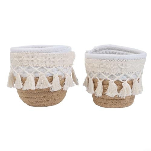 Organizador redondo de escritorio con borlas, cesta de cuerda de algodón tejida con diseño de flecos para brochas de maquillaje, cosméticos, 2 unidades, compacto, 10 x 10 x 10 cm, color blanco