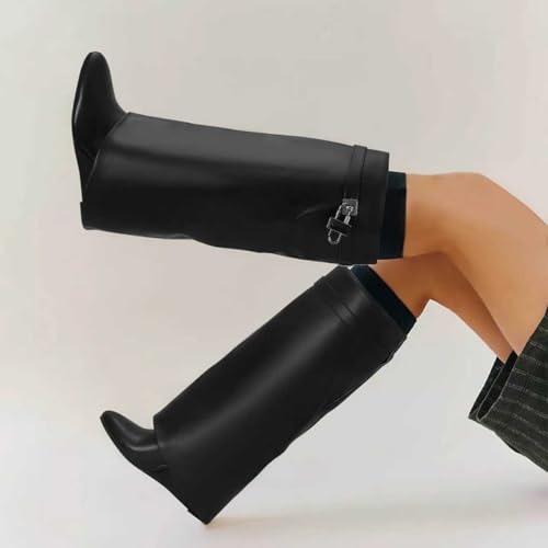 Fold over Boots for Women Knee High Black Boots Pointed Toe Wedge Heel Wide Calf Faux Leather Shark Boot with Padlock2