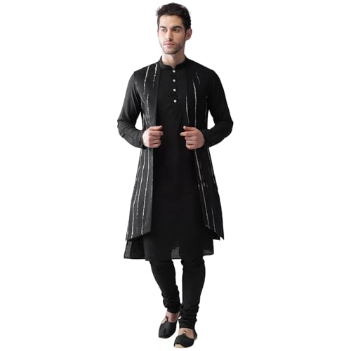 Men's Kurta, Front Open Jacket & Pajama Set-Indian Ethnic Kurta Waistcoat Pyjama Set for Weddings & Festive Occasions