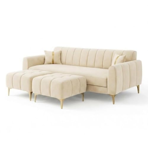Image of Hermione 5 Seater L Shape Sofa Set with 2 Movable Ottoman | Flexible Left or Right Layout | Luxe Velvet Suede Fabric | Comfortable Seating | Modern Sofa for Living Room - Cream