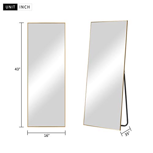Image of NeuType 43 inchx16 inch Full Length Mirror with Standing Holder Aluminum Alloy Frame Floor Mirror Wall-Mounted Mirror for Living Room, Bedroom, Hanging or Leaning Against Wall, Golden (with Stand)