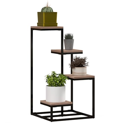 Outsunny Étagère à plantes, étagère à fleurs en bois et métal, 4 niveaux de différentes hauteurs, style industriel, 40 x 40 x 75,5 cm, noir et marron
