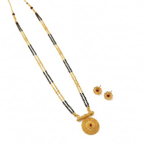 Image of Traditional Maharashtrian Long Mangalsutra with Pendant & Earrings | Antique Gold Plated Black Bead Chain | Micropolish Jewelry for Women & Girls Style