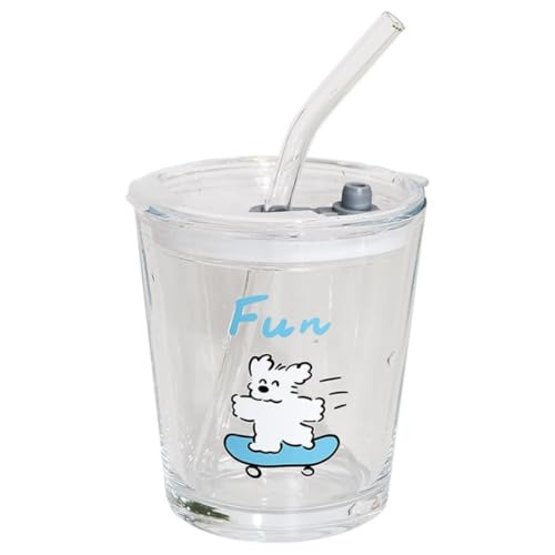 vonghome ストローカップ タンブラーグラス 可愛い 犬 蓋付き 350ml 筒状 ストロー付き ガラスストローカップ 北欧 厚底 耐冷 透明 飲み物 牛乳 おしゃれ 漏れ防止 卒業祝い 就職祝い 誕生日 記念日 感謝祭 贈り物 (A)