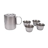 SUNGOOYUE Juego de té de Acero Inoxidable, Tetera de Acero Inoxidable 304 con Infusor de 350 Ml y 4 Tazas de té, Juego de de Viaje Portátil con Asa Plegable y Bolsa de Almacenamiento,