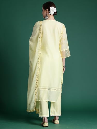 Image of INDO ERA Women's Embroidered Pure Cotton Straight Kurta & Pant with Dupatta Set (IEPND6082)