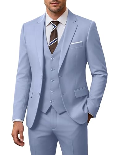 Image of Men's 3 Piece Slim Fit Suit Set, Two Button Blazer Solid Jacket Vest Pants Wedding Business Suit