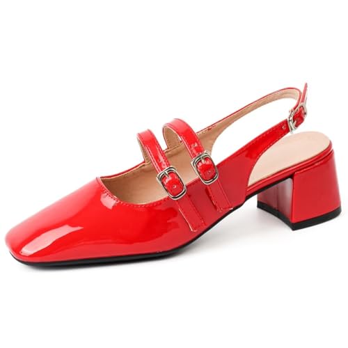 Hee grand Chunky Mary Jane Shoes for Women Closed Square Toe Ankle Buckles Heels Comfortable Low Block Heel Office Work Pumps Patent Leather Dress Shoes Slingback Sandals