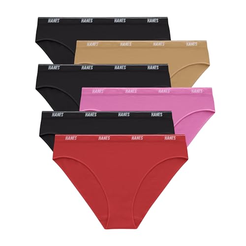 Hanes Women's Moves Underwear, 360° Flex Stretch Panties, Smooth & Seamless Hipsters Thongs, 6-Pack, 6pk Bikini: Black x3/Almond/Red/Pink