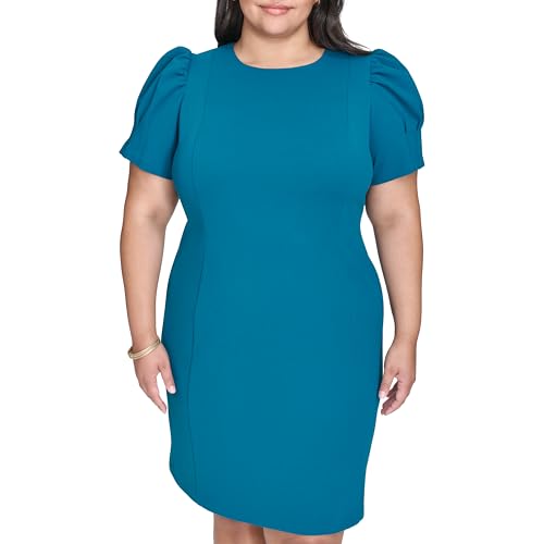 Image of DKNY Women's Short Puff Sleeve Knee Length Sheath Dress with Exposed Back Zipper