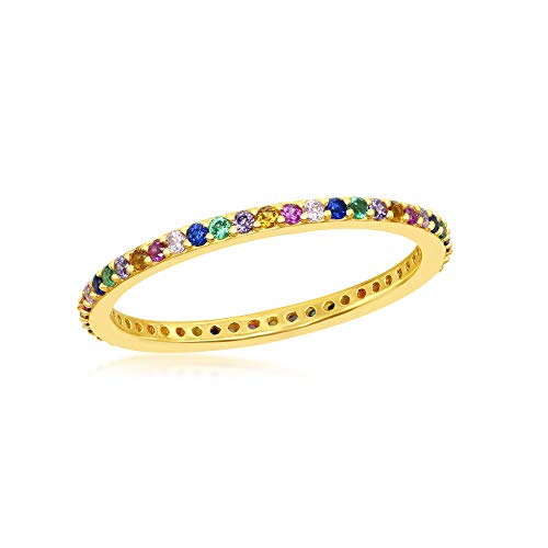 Sterling Silver Gold Plated 2mm Rainbow CZ Eternity Band Ring (Size 6)