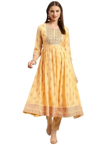 Image of rangita Yellow Viscose Blend Calf Length Embroidered Flared Kurti for Women | Kurta for Women