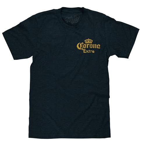 Tee Luv Mens Faded Corona Extra Double Sided Beer Brand Logo T-Shirt Denim Black Heather L