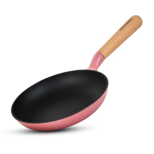 Image of BERGNER Excalibur Lightweight Cast Iron Frypan 18cm, Sturdy Wooden Handle, Non-Stick Coating, PFAS Free, Perfect Heat Distribution, Elegant Design - Induction and Gas Stove Ready (Pink)