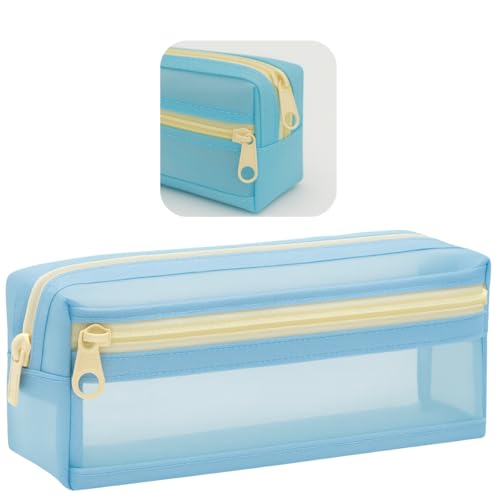 Estojo Escolar 2 Divisoria de Nylon Grande Transparente Organizador Material Lápis Caneta Borracha Papelaria Fofa Compartimento Fecho Metalico Volta as Aulas Box Necessaire Menino Menina (Azul)