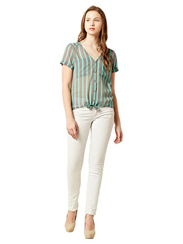Image of Miss Chase Women's Mint And Grey V-Neck Short Sleeves Buttoned Striped Tie-Up Loose Fit Top