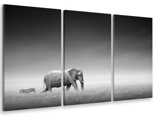 HXA DECO - Decoration Murale, Tableau Deco Tableau Mural Tableau Contemporain, Multi Panneaux, Tableau Triptyque Animaux Elephant Suivi - 90x60 cm