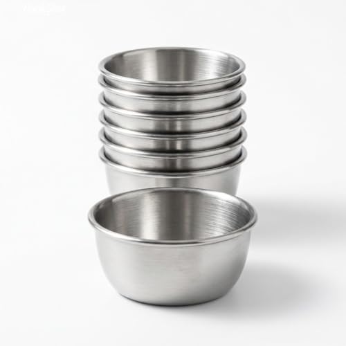 Xygobla 8Pcs Stainless Steel Sauce Cups 2oz (52ml) Mini Reusable Metal Condiment Sauce Cups Small Ramekins & Dipping Bowls for Sauces Portion Control Home Party & Restaurant Use