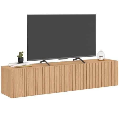 IDMarket - Meuble TV 140 cm Suspendu Juliette 2 Portes Lattes tasseau Bois Coloris chêne