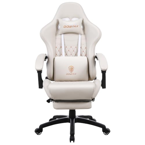 Image of Dowinx Gaming Chair Big and Tall, Ergonomic Game Chair for Adults with Footrest and Massage Lumbar Support, High Back Computer Gamer Chair PU Leather, 350Lbs, for Office, Home, Ivory