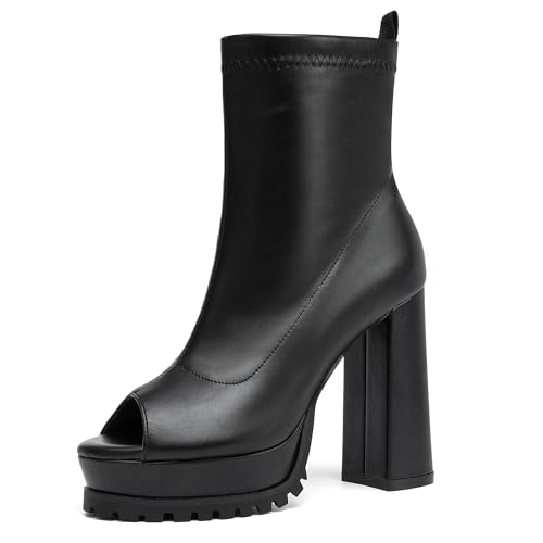 Women's Open Toe Ankle Boots, Chunky Block Heel, Nylon Mesh Upper, Slip-On Sock Booties