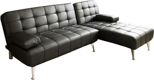 Visual Stocks - Sofá - Cama - Chaise Longue con 2 Cojines - Modelo XS - 198x146x75 cm - Ideal para Espacios Reducidos - En Polipiel Negro - Reclinable y Cama.