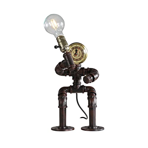 Kaj Hejmo Lampe de table en forme de pipe à eau style robot rétro industriel steampunk rustique lampe de bureau vintage pour chambre à coucher bureau table de chevet bar ou magasin (rouille style D) Cover