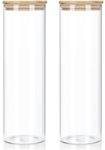 Juego de 2 tarros de cristal con tapa de bambú de 1400 ml, para espaguetis, herméticos, para especias, de vidrio de borosilicato reforzado