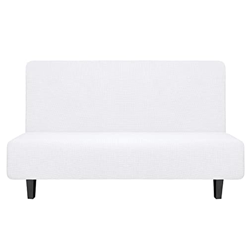 Image of Easy-Going Stretch Medium Futon Slipcover Armless Futon Cover Snow White | Sofa Bed Furniture Protector Without Armrests with Elastic Bottom for Kids, Soft Jacquard Machine Washable