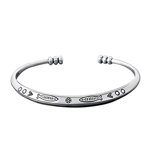 LUTAKU Pulsera de plata 925 hecha a mano para mujeres y niñas, pulsera de pez tallada con apertura vintage, regalo de joyería, Plata de ley