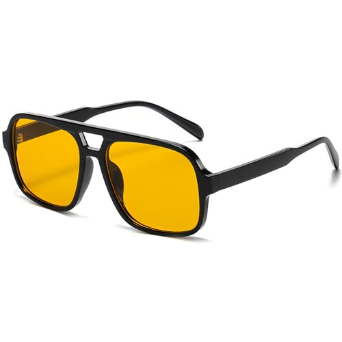 RUNHUIS Vintage 70er Sonnenbrille Damen Herren Retro Große quadratische Rahmen Rechteckige Brille (Schwarz/Orange)