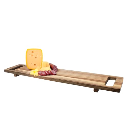 Spetebo Plateau de service rectangulaire en acacia de qualité alimentaire - 60 x 13 cm - Planche en bois naturel avec deux poignées et pieds - Plateau de service - Plateau à saucisses - Plateau à