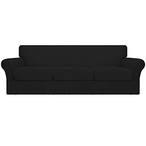 Image of Easy-Going 4 Pieces Oversized Stretch Soft Couch Cover for Dogs - Washable Sofa Slipcover for 3 Separate Cushion Couch - Elastic Furniture Protector for Pets, Kids Black | Sectional Sofa Slipcover for 3 Separate Cushion Couch - Elastic Furniture Protector for Pets, Kids Black