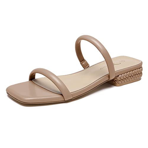 Athlefit Women's Two Strap Square Toe Sandals Summer Slip On Low Block Heel Slides Nude Size 7.5 #TOP22
